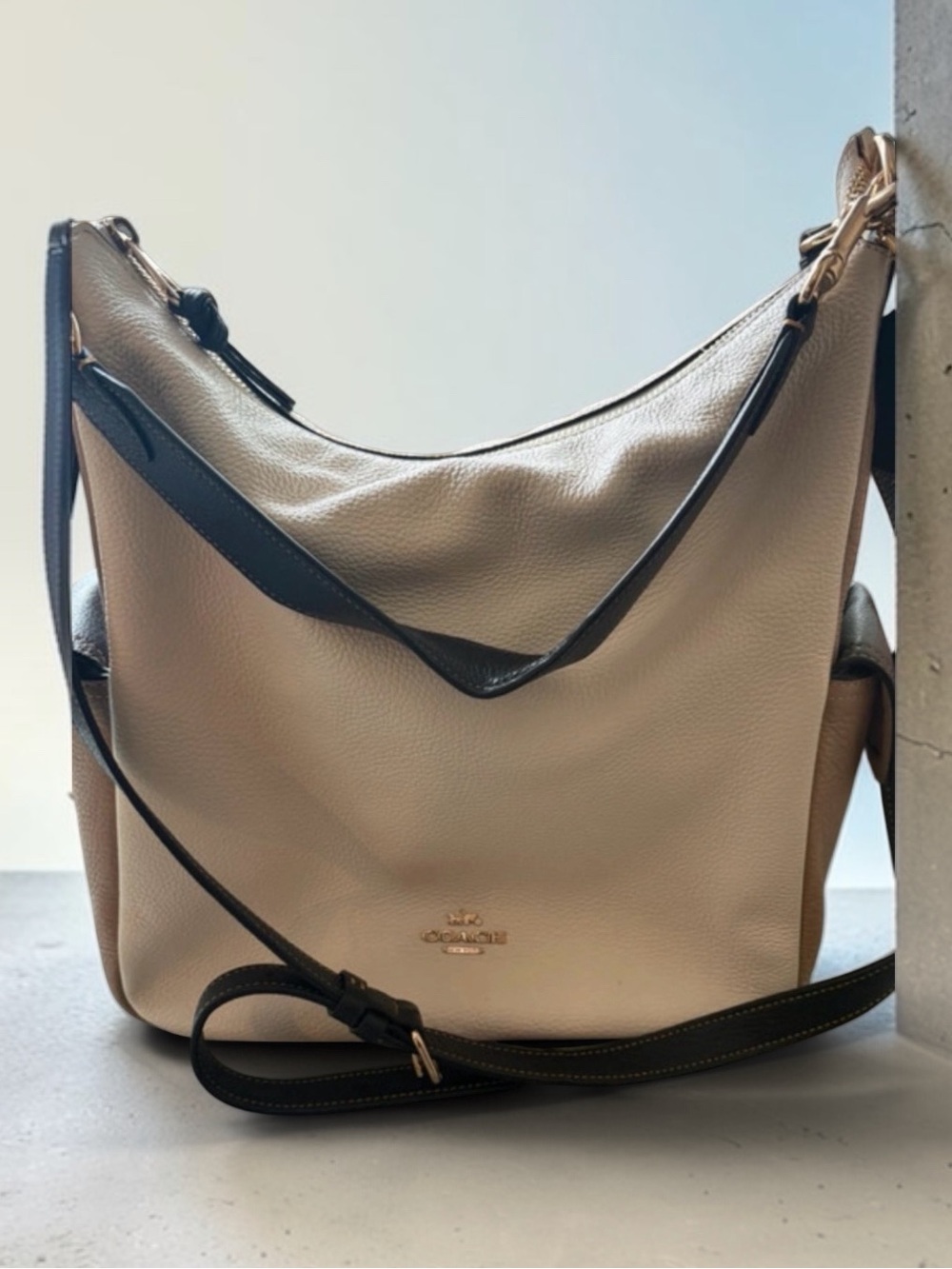 Coach Two-Tone Pebbled Leather Hobo Bag in Beige and Black